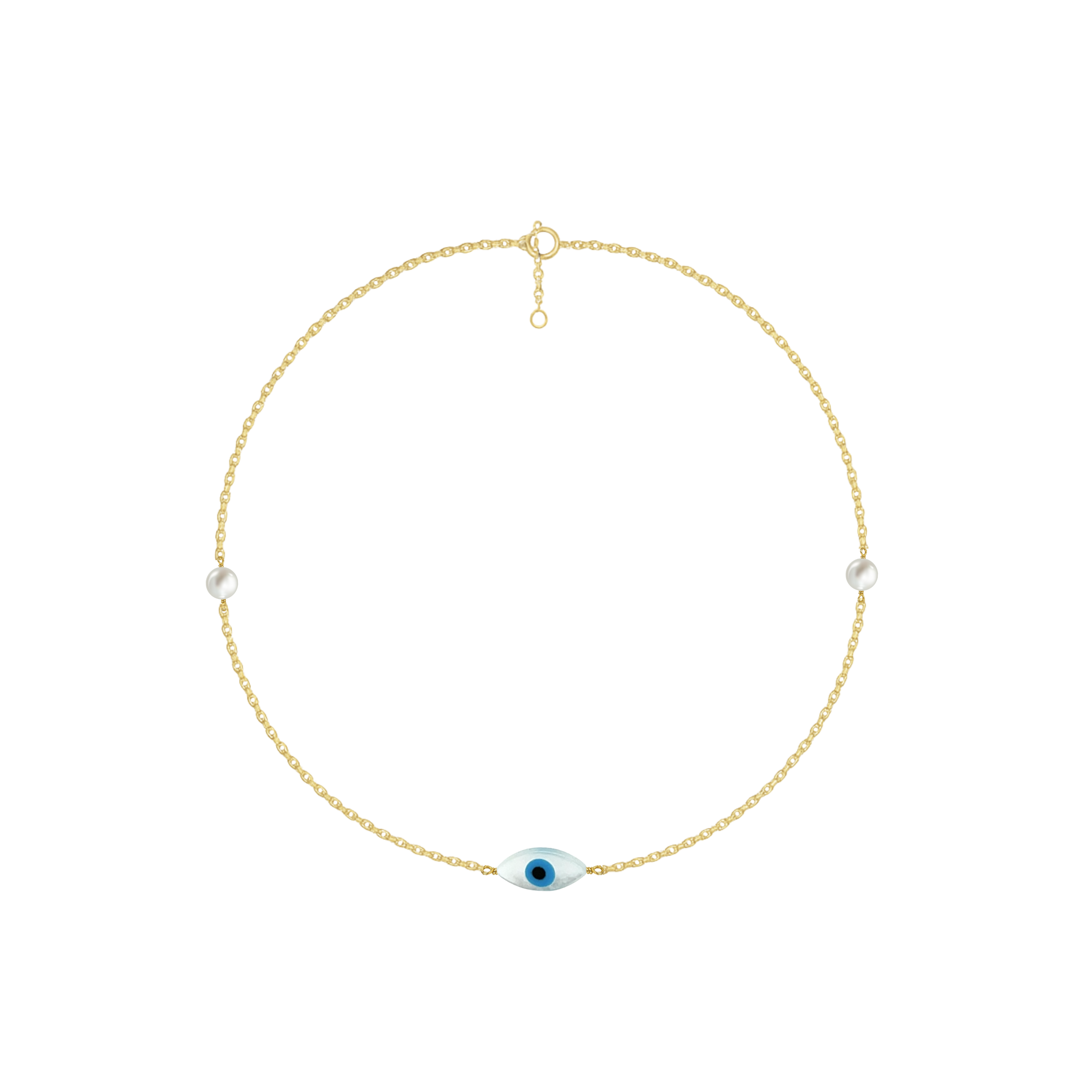 Gold necklace with a blue evil eye pendant on a white background