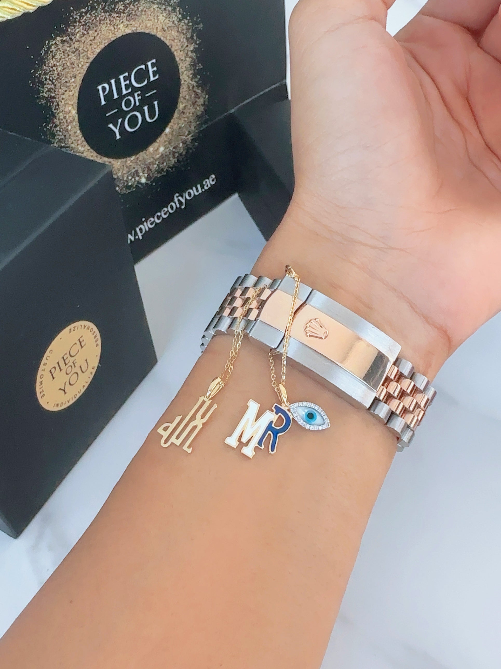 Amara Two Alphabet and Diamond Evil Eye Watch Charm