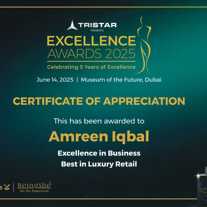 CERTIFICATE OF APPRECIATION HAS BEEN AWARDED TO OUR FOUNDER, AMREEN IQBAL FOR EXCELLENCE IN LUXURY RETAIL