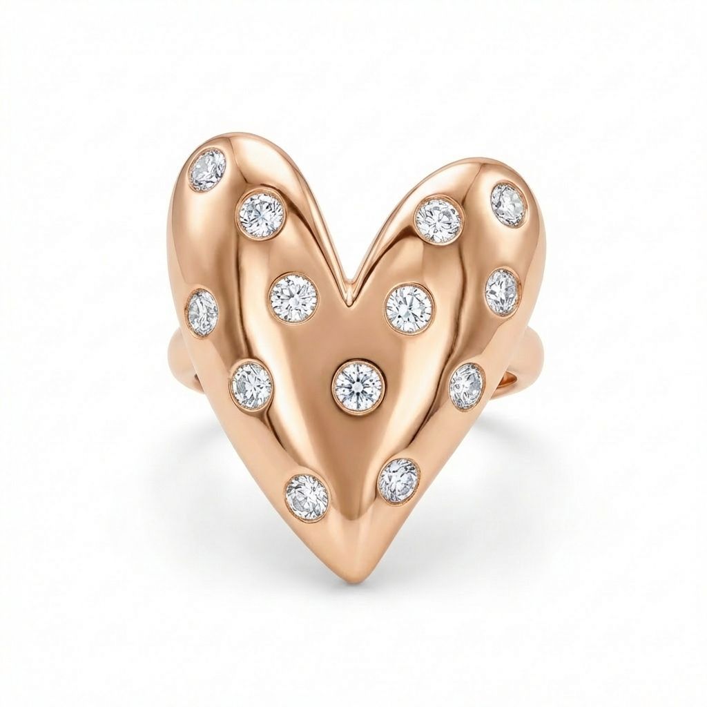 Rose gold heart-shaped earring with embedded diamonds on a white background